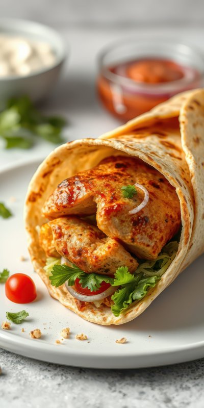 Delicious grilled chicken wrap with fresh vegetables and sauce served on a white plate