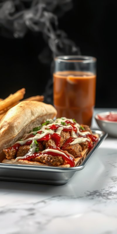 Spicy chicken sandwich with fries and beverage served on a silver tray