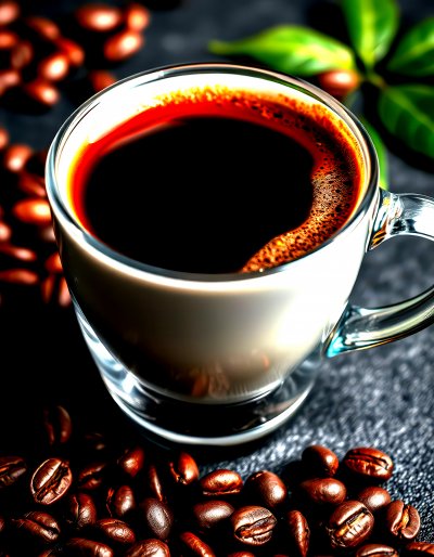 F r e s h l y   b r e w e d   c o f f e e   s e r v e d   i n   a   c l e a r   g l a s s   c u p   w i t h   c o f f e e   b e a n s   s c a t t e r e d   a r o u n d