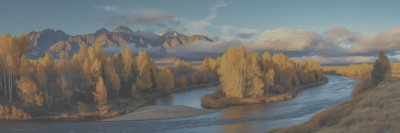 S t u n n i n g   a u t u m n   l a n d s c a p e   w i t h   a   w i n d i n g   r i v e r ,   c o l o r f u l   t r e e s ,   a n d   m a j e s t i c   m o u n t a i n s   d u r i n g   s u n s e t