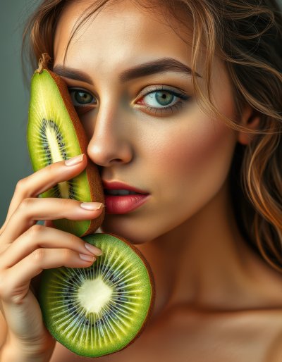 Young woman holds ripe kiwi fruit near face indoor studio shot