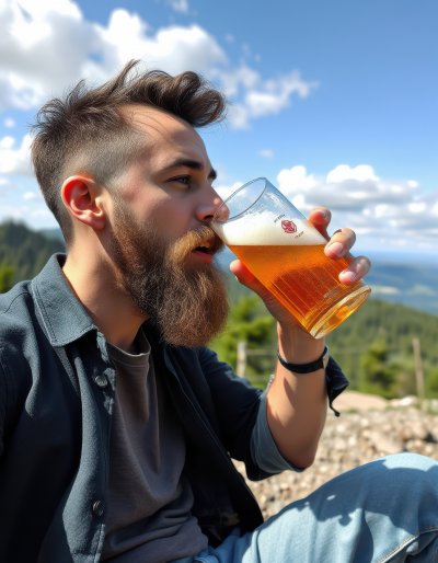 A bearded man, wearing a dark shirt and jeans, sits outdoors on a rocky area
