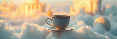 Cup of coffee placed on clouds during sunset with a dreamy background of distant structures and warm colors