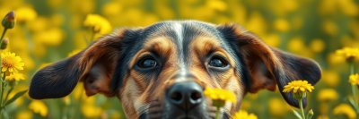 A tri-colored dog, possibly a mixed breed, sits in a field of bright yellow wildflowers