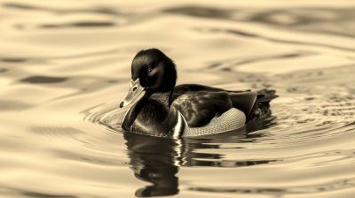 B l a c k   d u c k   s w i m m i n g   g r a c e f u l l y   i n   c a l m   w a t e r   w i t h   r i p p l e s   r e f l e c t i n g   t h e   s u n l i g h t   d u r i n g   a   t r a n q u i l   a f t e r n o o n