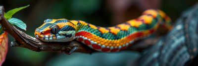 Colorful snake resting on a branch in a lush green environment during daylight hours