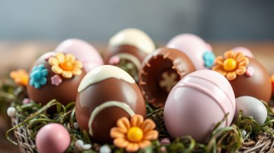 Colorful chocolate Easter eggs arranged in a decorative nest with flowers and pastel decorations for spring celebration
