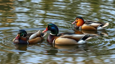Colorful wood ducks swim gracefully on a serene pond surrounded by soft ripples at sunset