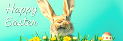 C u t e   b u n n y   s i t s   a m o n g   c o l o r f u l   f l o w e r s   a n d   E a s t e r   e g g s   c e l e b r a t i n g   t h e   h o l i d a y   f e s t i v i t i e s   i n   a   v i b r a n t   s e t t i n g