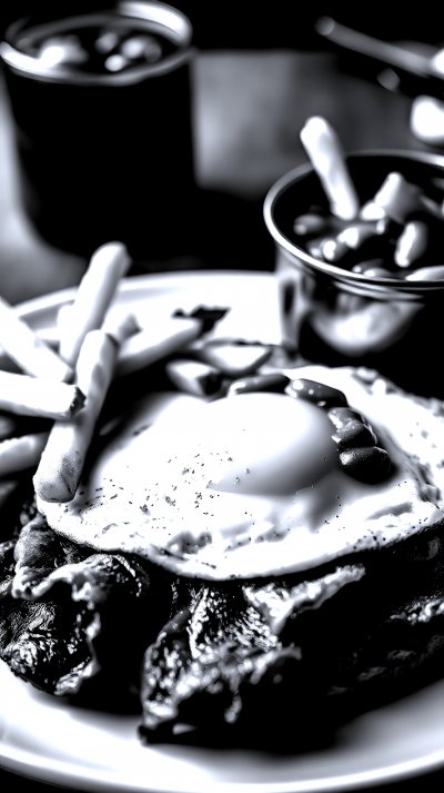 D e l i c i o u s   b r e a k f a s t   f e a t u r i n g   f r i e d   e g g ,   c r i s p y   b a c o n ,   a n d   g o l d e n   F r e n c h   f r i e s   s e r v e d   w i t h   b a k e d   b e a n s