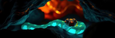 Glowing serpent navigating through a dark cave illuminated by vibrant orange and blue lights