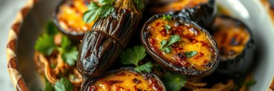 A close-up of roasted eggplant with parsley in a white bowl