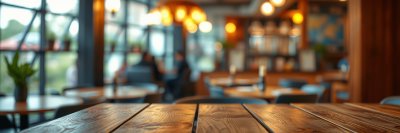 Cozy cafe interior with wooden table and warm lighting in a modern setting on a busy afternoon