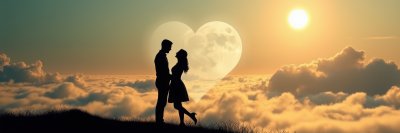 A man and woman stand embracing, their silhouettes visible against a breathtaking sunset backdrop