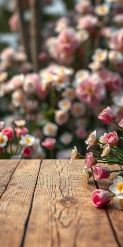 Colorful flowers in sunlight on a rustic wooden table in a serene garden setting during springtime