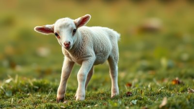 Playful lamb frolicking in a grassy field during golden hour in the countryside