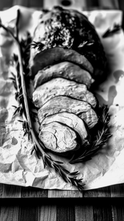 S l i c e d   r o a s t e d   p o r k   l o i n   w i t h   r o s e m a r y   o n   a   w h i t e   p a r c h m e n t   p a p e r