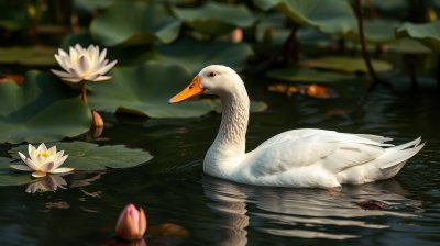 White duck glides gracefully among water lilies in a serene pond during early morning light