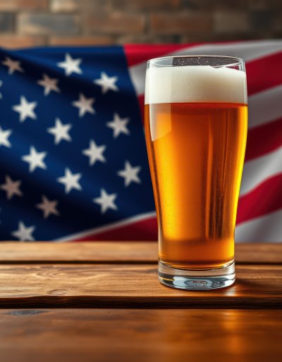 A tall glass of light beer rests on a dark wooden surface