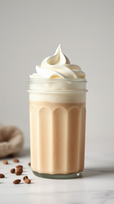 Creamy coffee drink topped with fluffy whipped cream served in a glass jar on a clean countertop