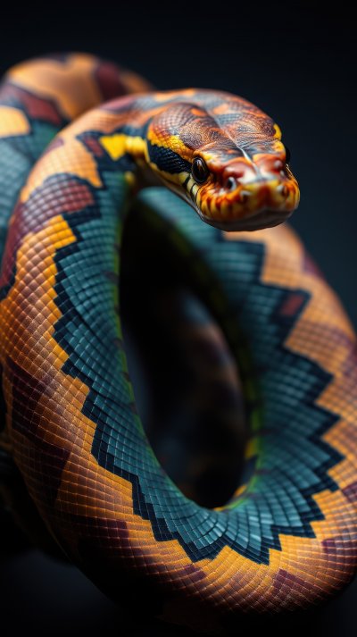 Colorful snake gracefully coiled in intricate patterns under soft light against a dark background