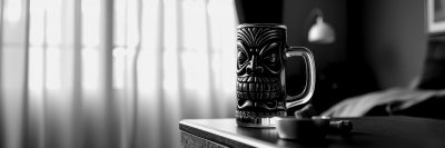 T i k i   m u g   o n   a   w o o d e n   t a b l e   n e a r   a   w i n d o w   w i t h   w a r m   s u n l i g h t   f i l t e r i n g   t h r o u g h   s h e e r   c u r t a i n s