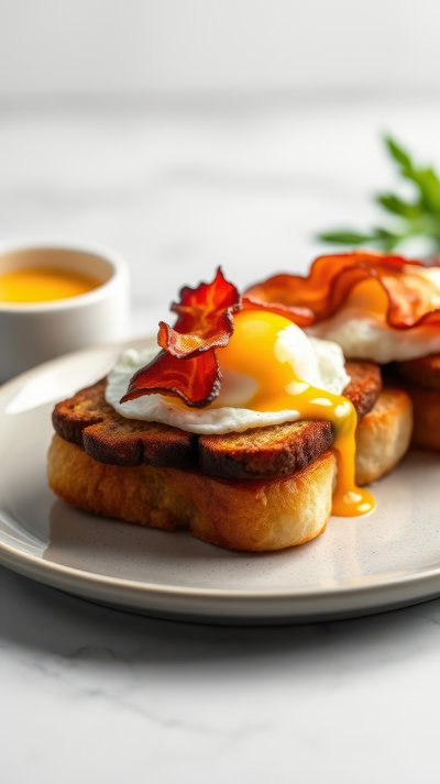 Delicious breakfast plate featuring sunny side up eggs, crispy bacon, and toasted bread on a marble surface