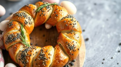 Freshly baked round bread topped with sesame seeds and rosemary on a wooden board