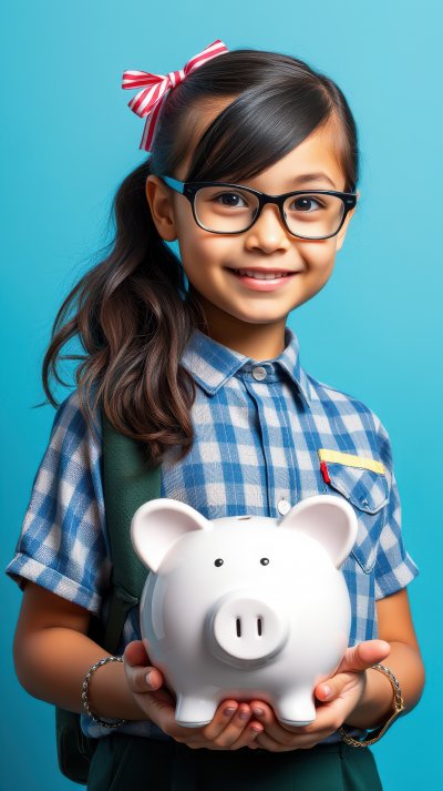 Young girl with glasses smiling while holding a piggy bank against a bright blue background