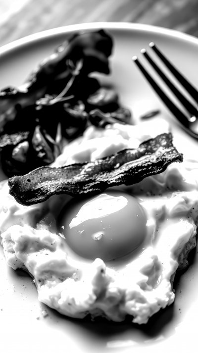 D e l i c i o u s   b r e a k f a s t   f e a t u r i n g   s u n n y   s i d e   u p   e g g ,   c r i s p y   b a c o n ,   a n d   s a v o r y   s a u s a g e   i n   a   c o z y   d i n i n g   s e t t i n g