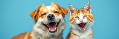 A cheerful golden dog and an orange and white kitten sit side by side, both with open mouths, seeming to laugh