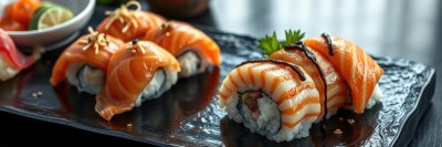 A close-up of salmon sushi rolls on a black plate, drizzled with a dark sauce
