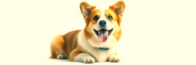 A   c h e e r f u l   c o r g i   r e s t s   c o m f o r t a b l y   a g a i n s t   a   p l a i n   w h i t e   b a c k d r o p