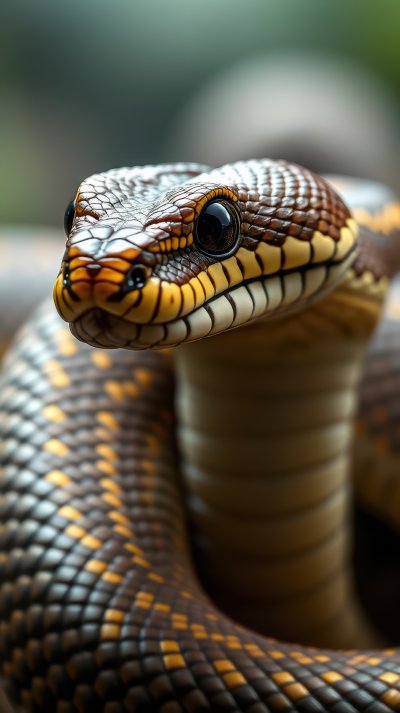Close-up of a vibrant snake displaying intricate patterns in a natural habitat during daylight hours