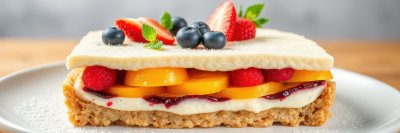 Delicious layered dessert with fresh fruits served on a white plate