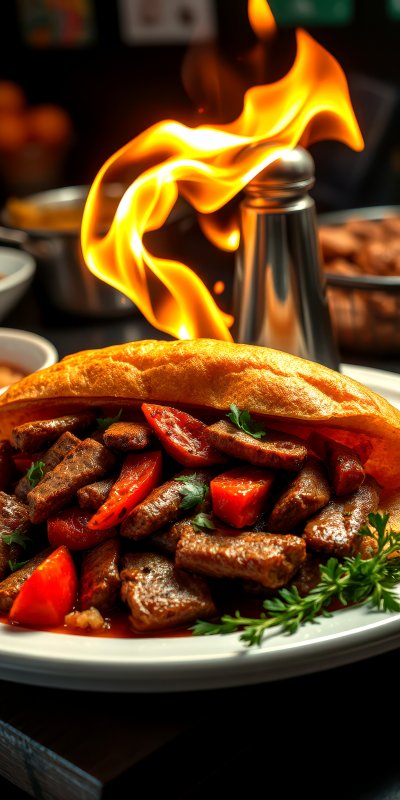 S i z z l i n g   d i s h   o f   g r i l l e d   m e a t   a n d   v e g e t a b l e s   s e r v e d   w i t h   f l a m e s   a n d   g a r n i s h e d   w i t h   h e r b s