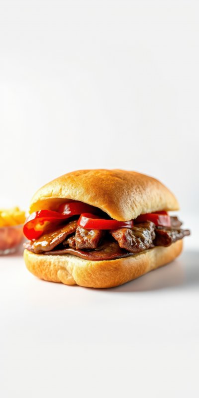 Flavorful beef sandwich with fresh vegetables and side of fries served on a white background