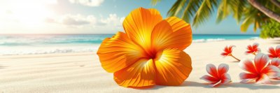 A large orange hibiscus flower sits on a sandy beach near the ocean