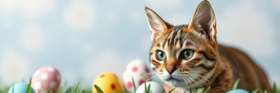 Playful cat exploring colorful Easter eggs in a grassy field on a sunny spring day