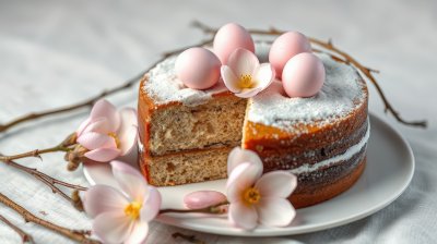 Soft cake adorned with pastel eggs and delicate flowers on a white plate