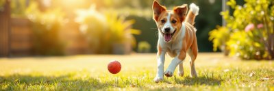 A small, brown and white dog with a joyful expression runs energetically across a vibrant green lawn