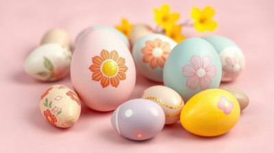 Decoratively painted Easter eggs arranged with spring flowers on a soft pink background during a festive celebration