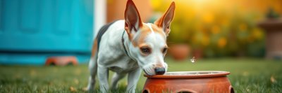 A charming small dog, predominantly white with tan markings, is seen quenching its thirst from a rustic terracotta water bowl