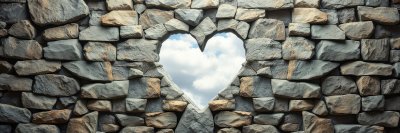 A heart-shaped hole reveals a bright sky in a rugged stone wall