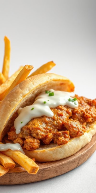 Delicious crispy chicken sandwich served with golden fries and drizzled with creamy sauce