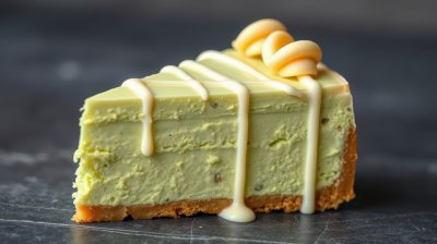 Creamy avocado cheesecake slice with vanilla drizzle on a dark surface at a dessert display