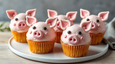 Delightful pig head cupcakes displayed on a white plate, showcasing intricate frosting designs and playful decorations for a festive occasion