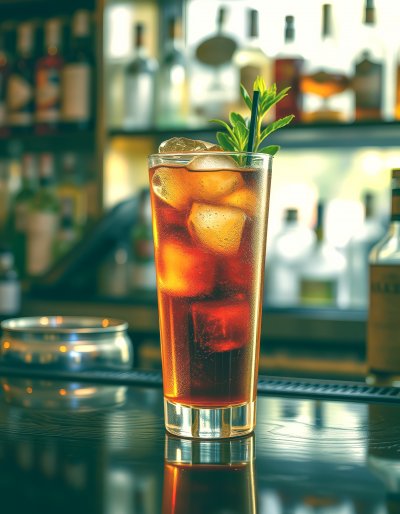 A   t a l l   g l a s s   o f   i c e d   t e a   w i t h   a   s p r i g   o f   m i n t   s i t s   o n   t h e   b a r   c o u n t e r   a t   a   l o c a l   p u b