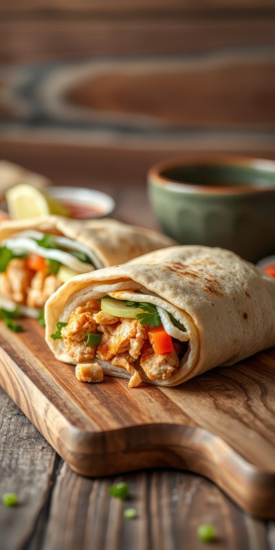 Delicious chicken wraps with fresh vegetables served on a wooden cutting board