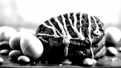 C h o c o l a t e   c o o k i e   w i t h   c a r a m e l   d r i z z l e   a n d   c o l o r f u l   E a s t e r   e g g s   o n   a   w o o d e n   b o a r d   d u r i n g   a   f e s t i v e   s p r i n g   c e l e b r a t i o n